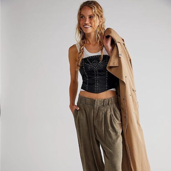 Free People Leather Corset Top Adrianna Crop Black Studs Strapless Size XS NEW - Picture 3 of 7